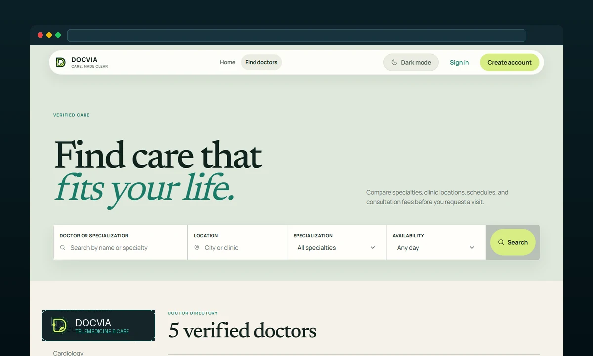 Tampilan direktori dokter dan booking jadwal pada DOCVIA