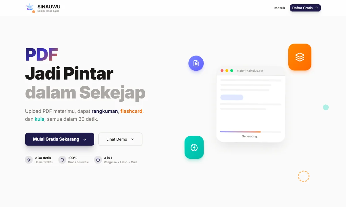 Landing page platform belajar cerdas SINAUWU